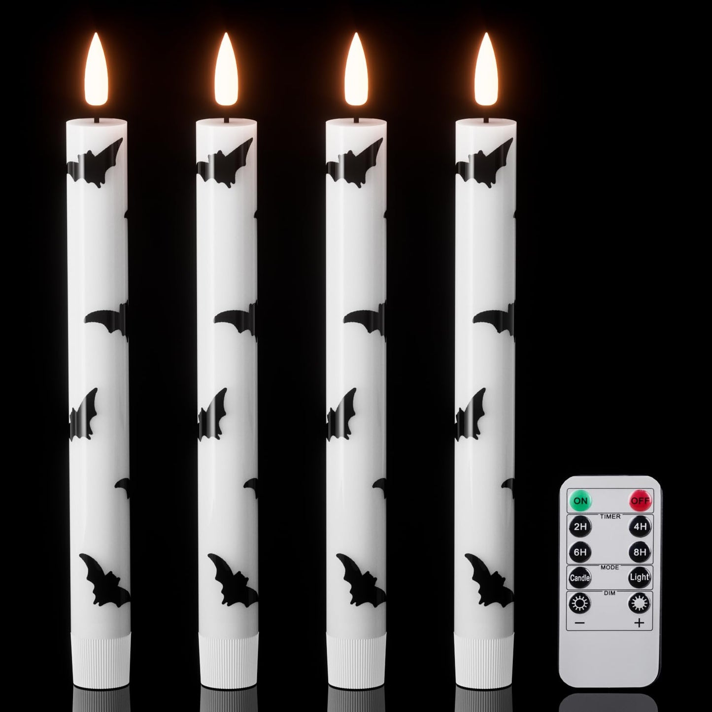 Wondise Halloween Flameless Taper Candles with Remote & Timer, 4 Pack Bats Battery Operated Real Wax 3D Flame LED Flickering Candles for Halloween Table Decorations