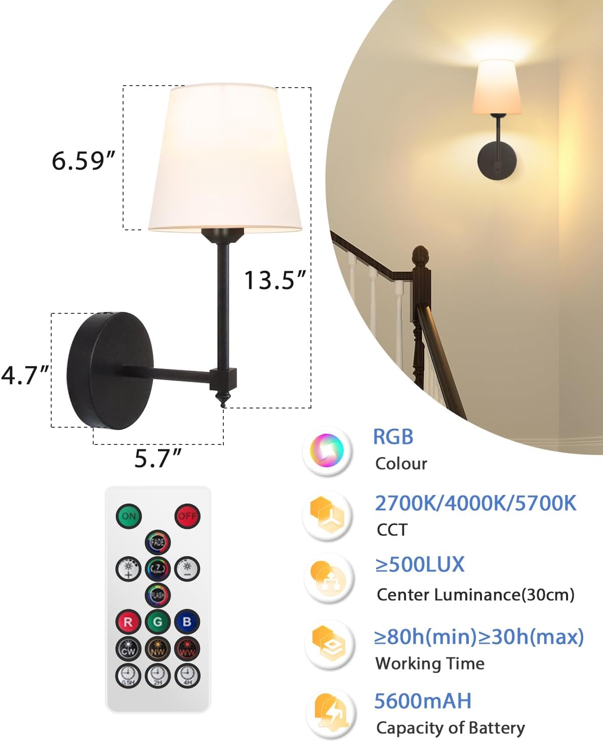 Rechargeable Black Wall Sconce Set of 2 - 5CCT Wireless Dimmable Lights with Remote for Bedroom & Living Room