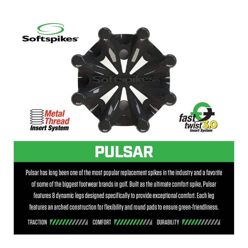 Softspikes Pulsar Golf Cleats Fast Twist 3.0 Value Pack - 2 Sets of 18 Spikes - Black - Also Fits Tri-Lok, SLIM-Lok, and Tour Lock Cleat Systems