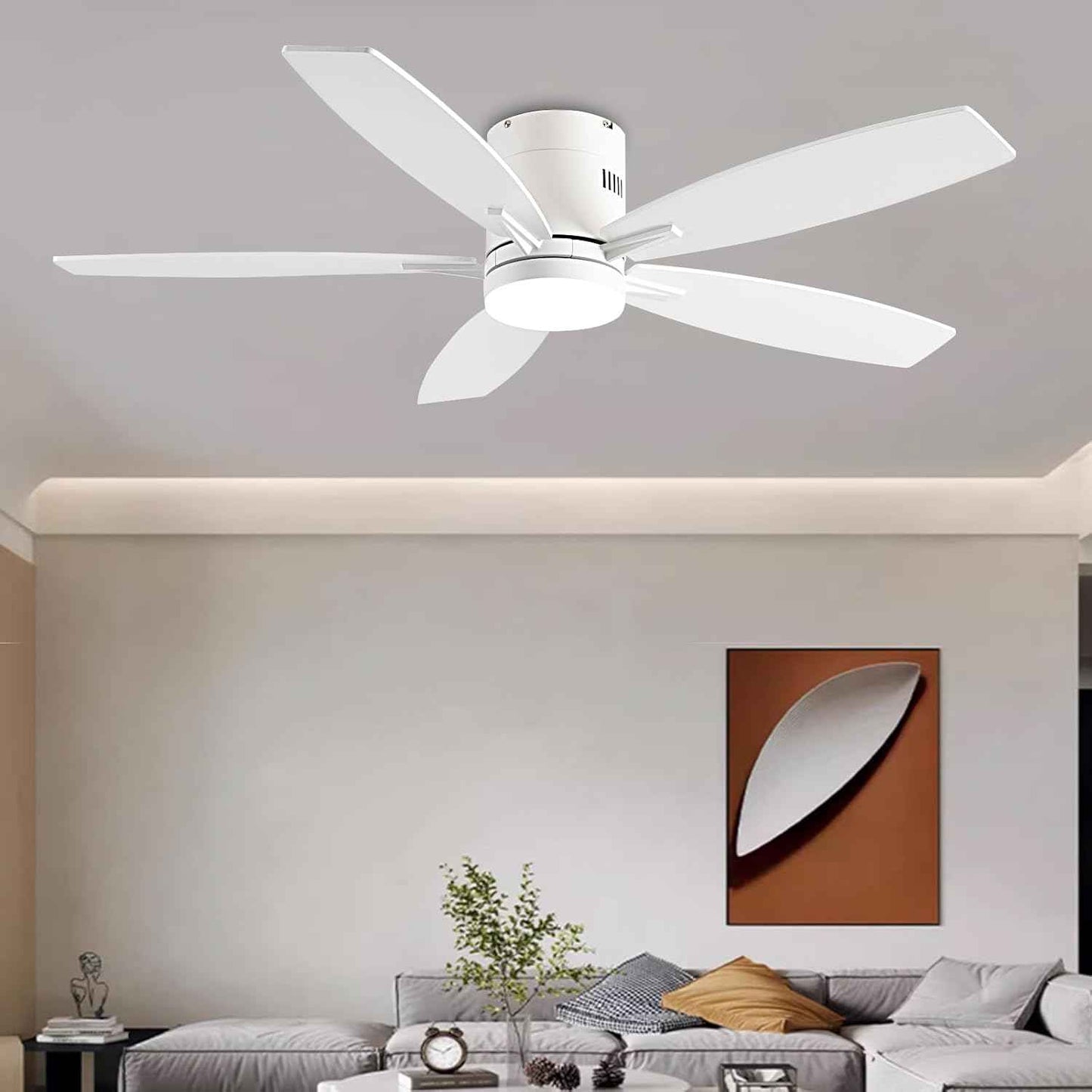 52" Low Profile Ceiling Fan with Lights & Remote Control - Dimmable, Noiseless, Reversible - White Indoor/Outdoor Fan for Bedroom