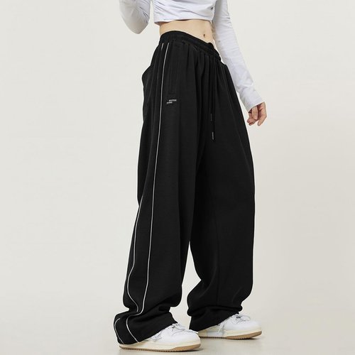 Elincho Women's Y2K Sweatpants Baggy Wide Leg Joggers Elastic Drawstring Waist Casual Streetwear with Pockets Black