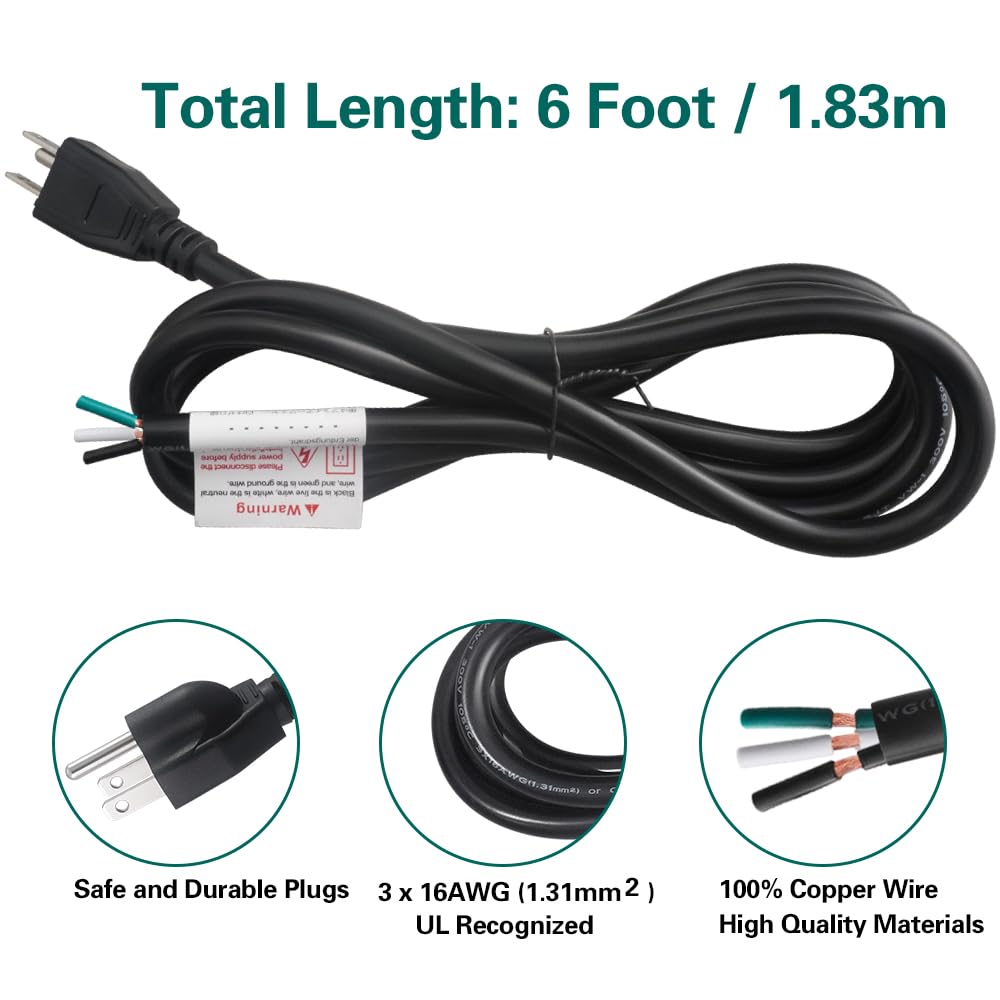 Asjeumt 6 ft 3 Prong Power Cord Replacement, 16 AWG Appliance Power Cord, 110V 120 Volt AC 16/3 Wire SJT 16 Gauge Plug Pigtail Cable, Repairing Replace Tool Dryer Dishwasher Electrical Cord - Black