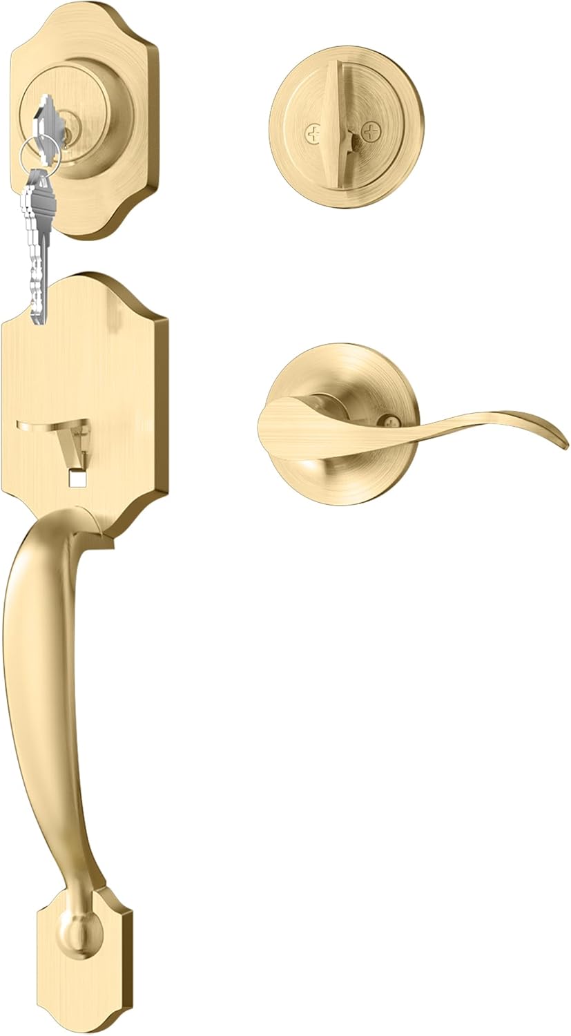 Gold Front Door Handle & Deadbolt Set - Reversible Lever Lock Hardware