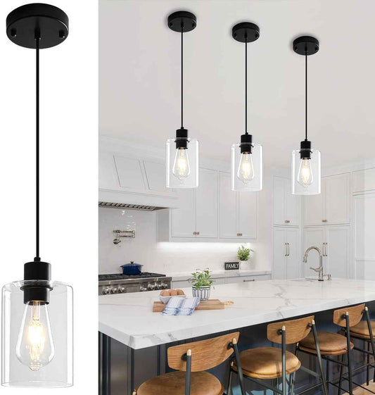 Modern Black Pendant Lights for Kitchen Island - 3 Pack Glass Hanging Fixtures