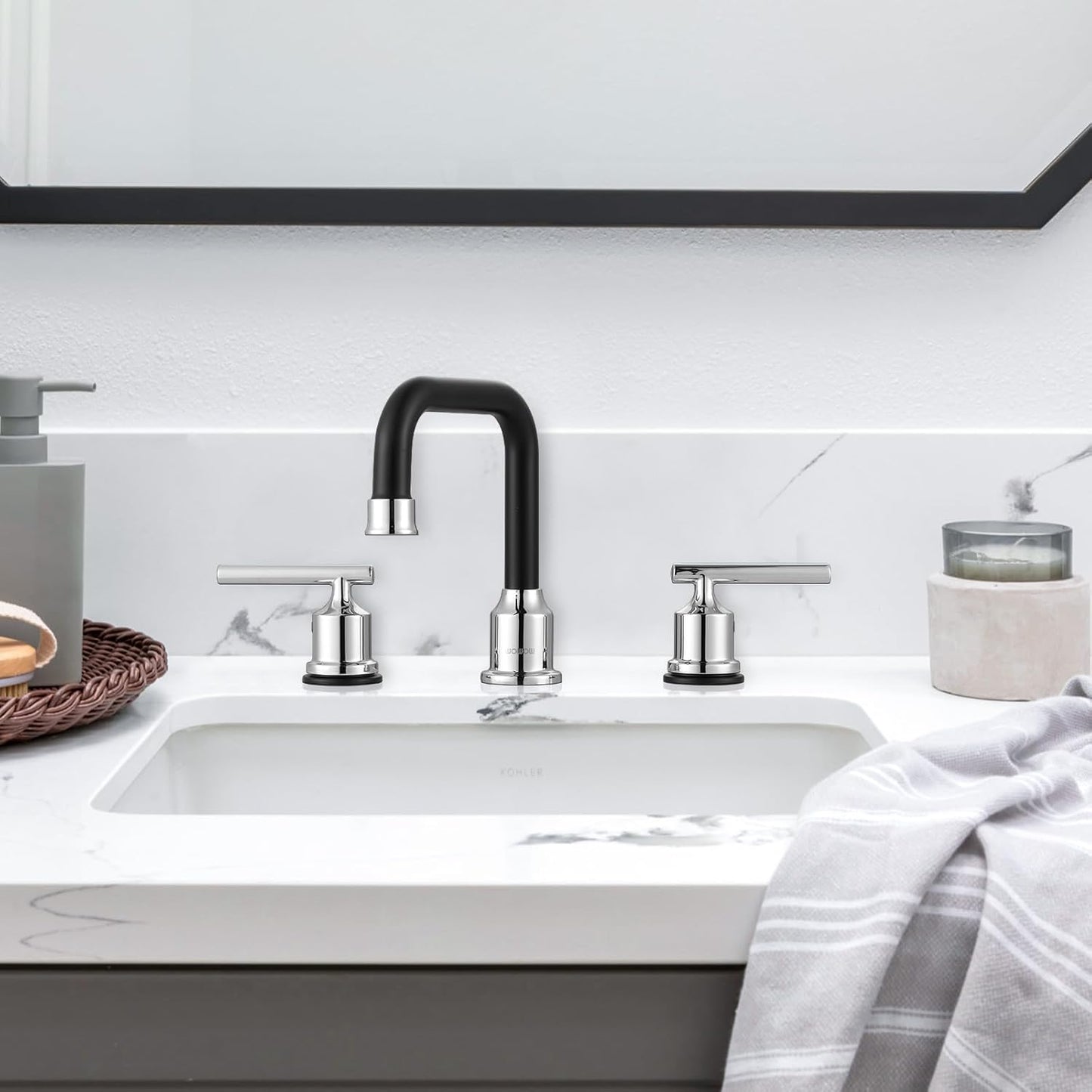 Brushed Nickel 8-Inch Widespread Bathroom Faucet with 360° Swivel Spout - Modern 2 Handle Lavatory Sink Fixture
