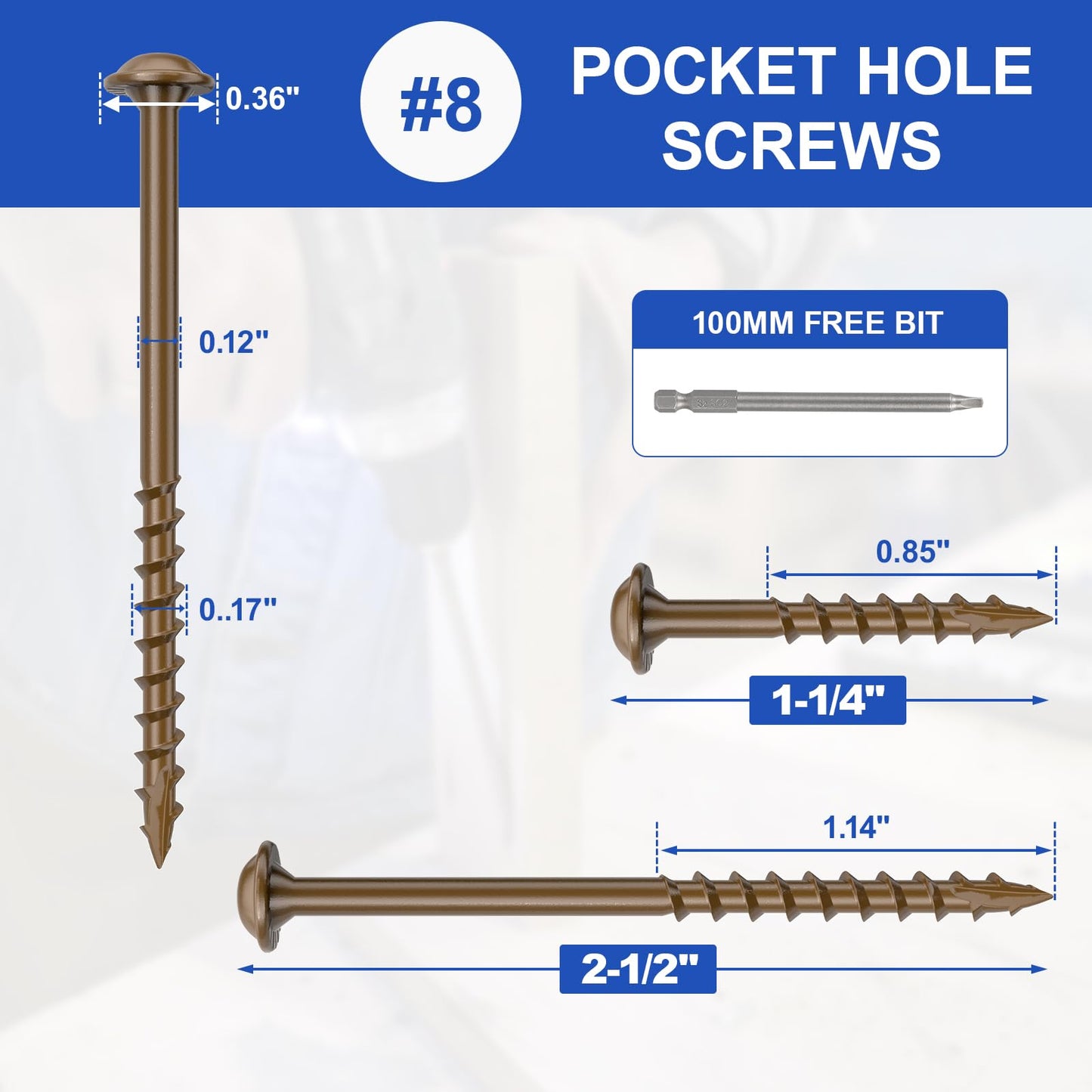 #8 Pocket Hole Screws 1-1/4 Inch, 160Pcs Coarse Thread Wood Screws, Square Drive, Washer Head, 4-Layer Coating, Drive Bit Included (Brown)