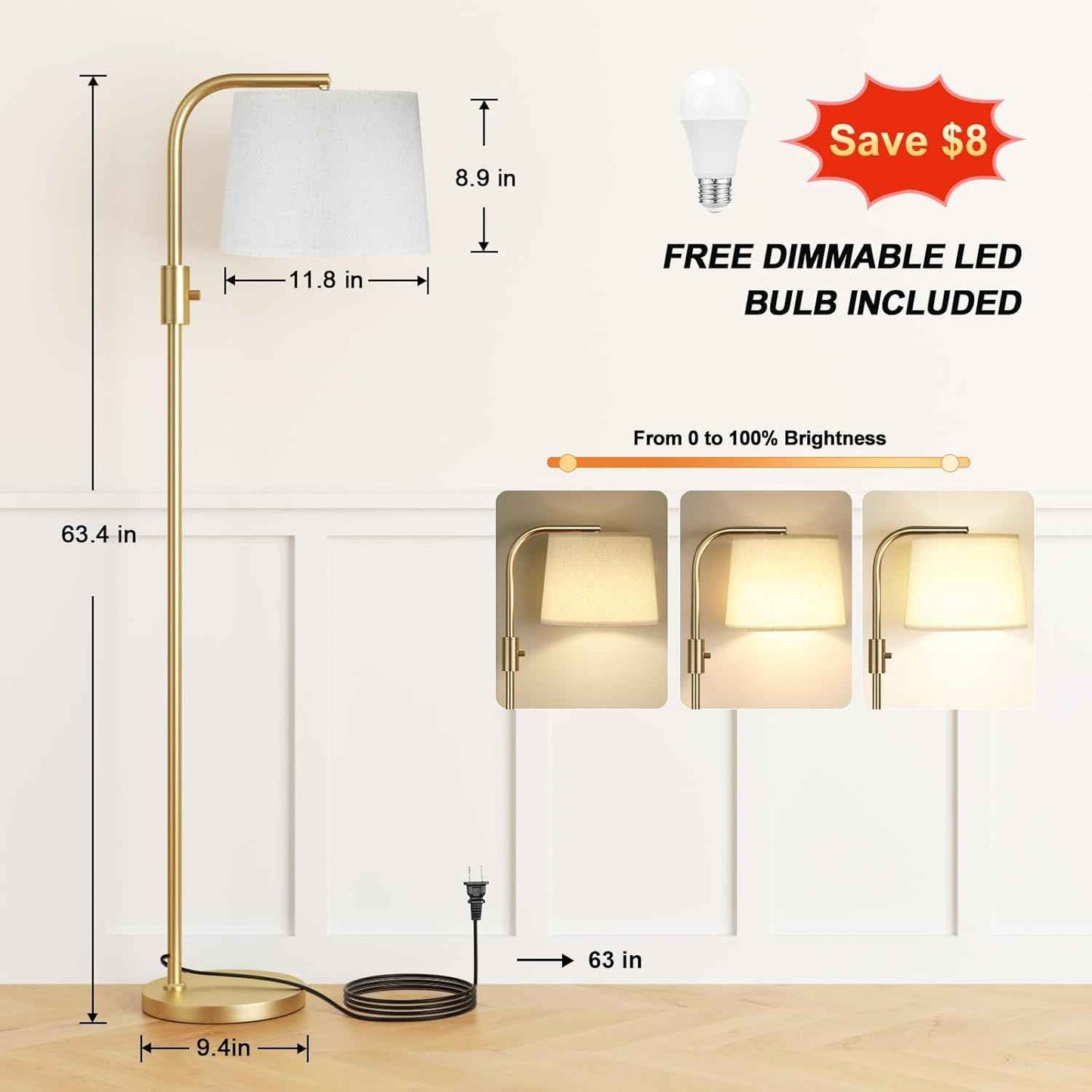 Modern Dimmable Floor Lamp with 9W LED Bulbs - Stylish Standing Light for Living Room & Bedroom (Gold & White)