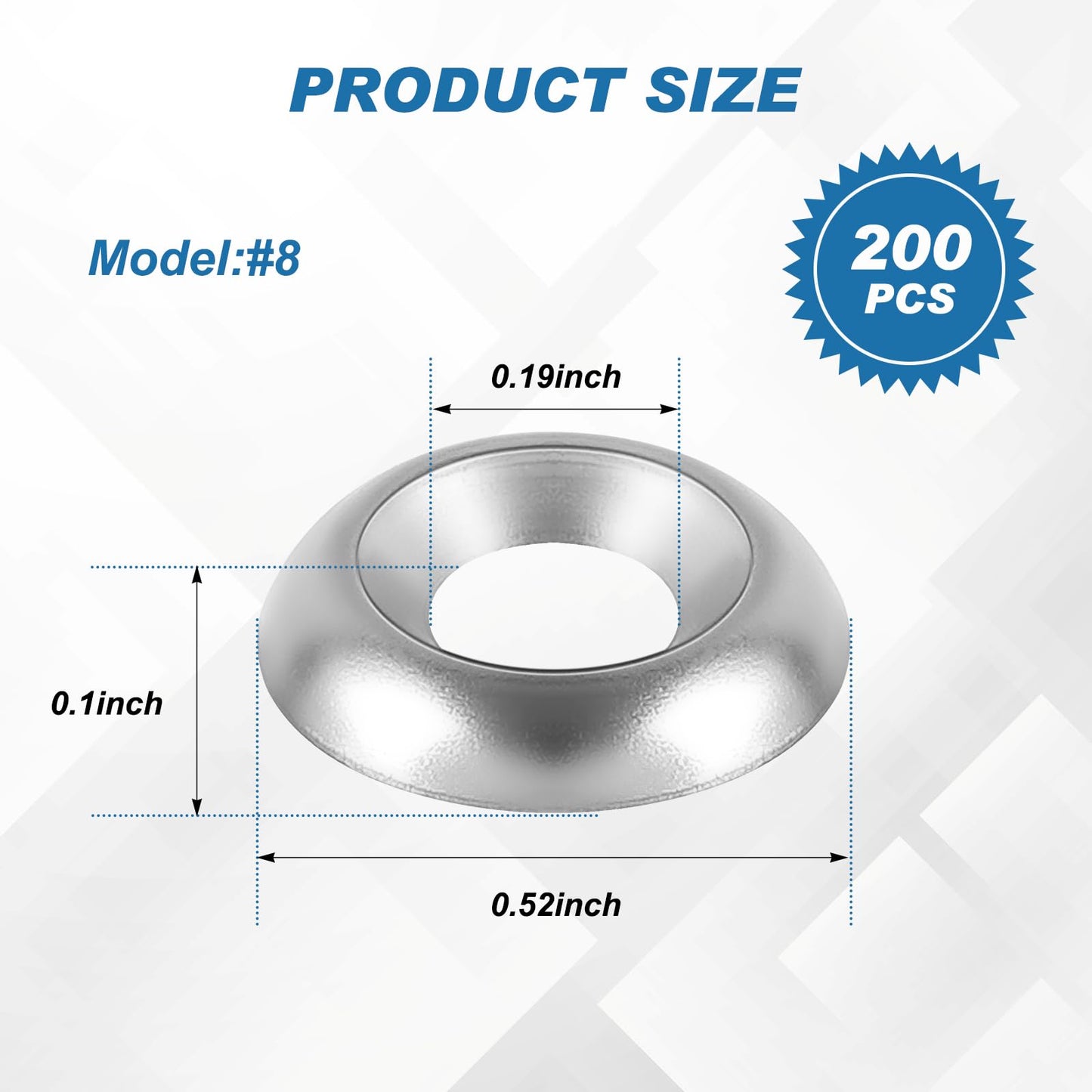 Yaocom 200 Qty #8 Countersunk Finish Washers 304 Stainless Steel Finishing Washers Cup, Silver