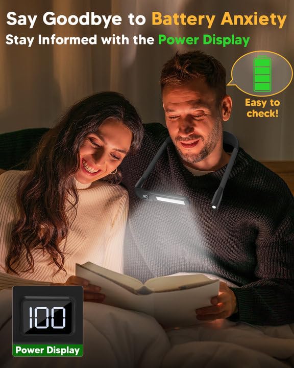 Reading Light Book Lovers Gifts: Upgraded Neck Light with Power Display & Timer, 80Hrs Rechargeable Book Lights for Reading at Night, Birthday Gifts for Readers Women Men, Knitting Crochet Accessories