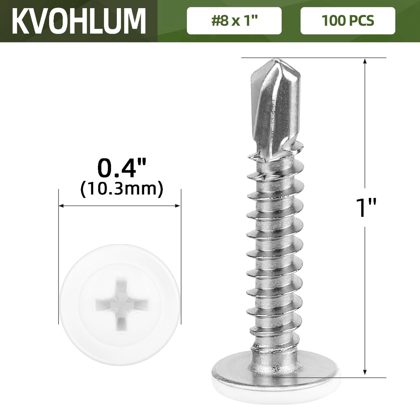 #8 x 1 (100 PCS) White Head Fast Self Tapping Sheet Metal Screws, Modified Truss Head Self Drilling Screw, Full Thread, Screwdriver Bit Included