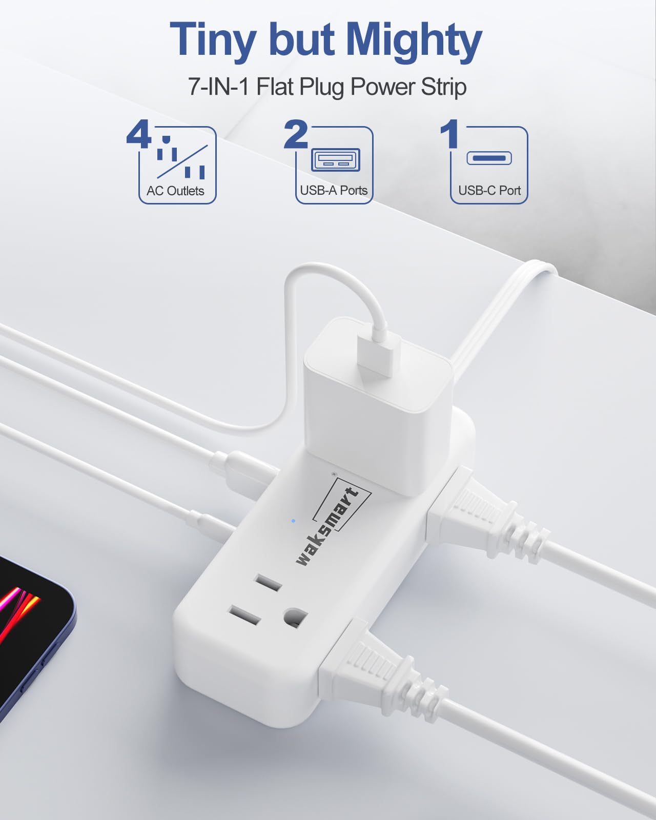 Flat Plug Extension Cord 3 Feet with 4 AC Outlets 3 USB Ports (5V/3.4A 17W), Flat Plug Power Strip Compact for College Dorm, Travel, Home, White