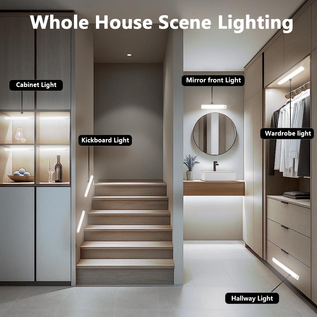 10โ Under Cabinet Lighting, 68LEDS Motion Sensor Light Indoor, Rechargeable Battery Magnetic Closet Light, Wireless Under Counter Lights for Kitchen, Stairs, 2-Pack Daylight