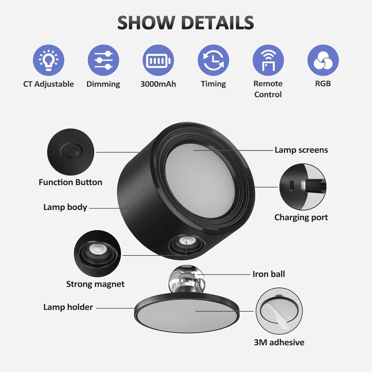 Rechargeable LED Wall Mounted Lights - 3 Pack with Remote, Dimmable & 360° Rotation for Bedroom