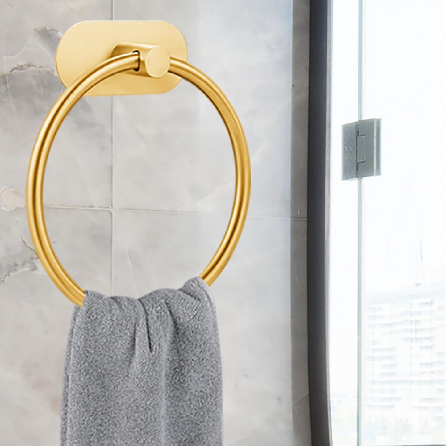Self-Adhesive Towel Ring for Bathroom, No Drilling Stainless Steel Rustproof Hand Towel Holder, Wall Mounted Bathroom & Kitchen Towel Hanger with Strong Adhesive, Modern Bath Organizer Brushed Gold