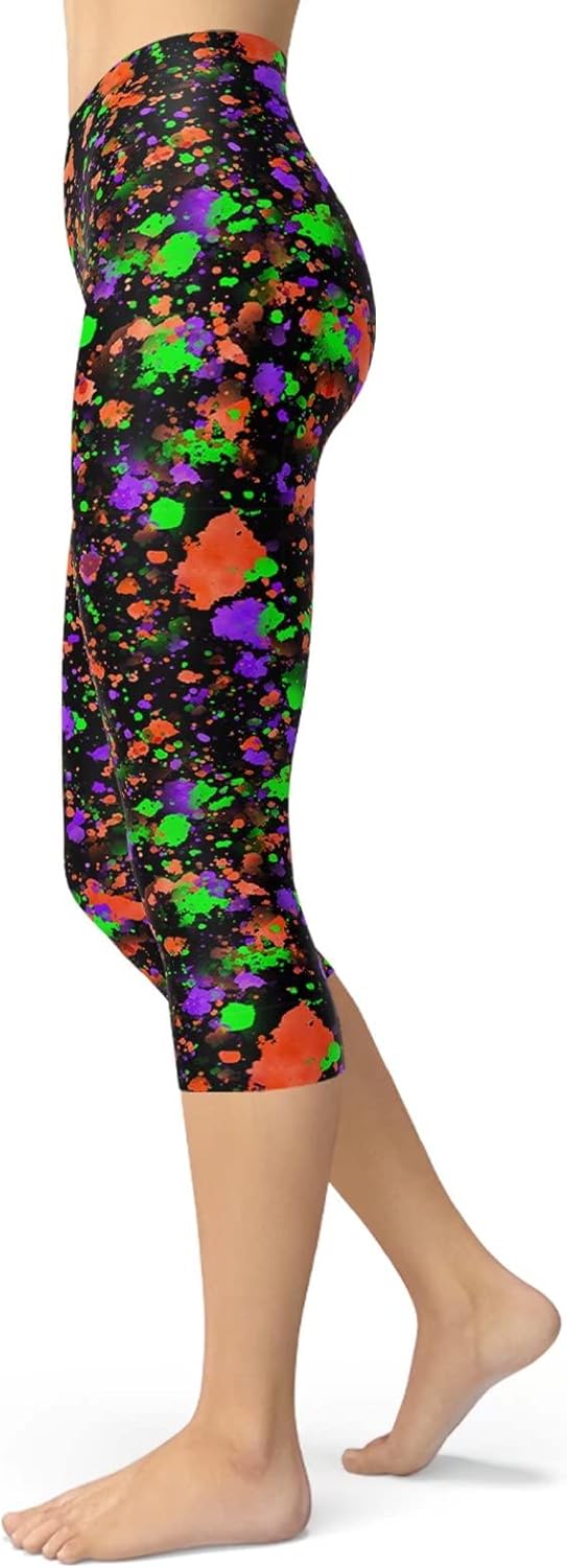 Sissycos Women's Cropped Capri Leggings - Artistic Splash Print, Buttery Soft Comfort, 21" Length