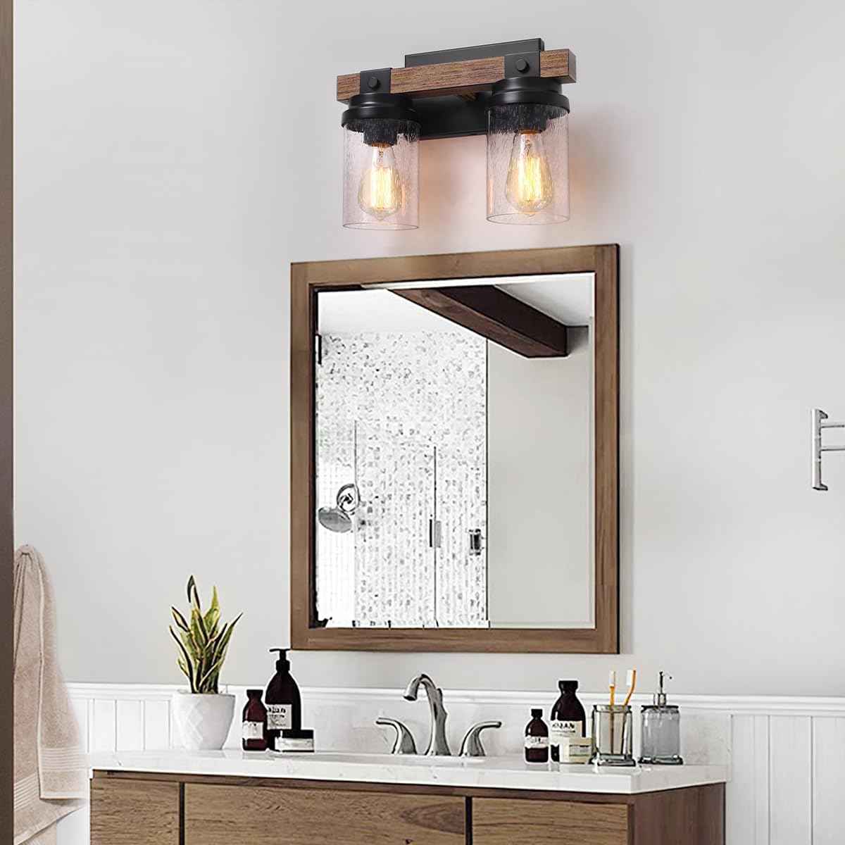 Farmhouse 2-Light Vanity Lights for Bathroom - Rustic Black Wood & Glass Sconces