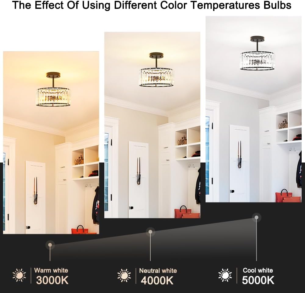 Modern Gold Crystal Ceiling Light Fixture - 11-Inch Semi Flush Mount Chandelier for Kitchen & Entryway