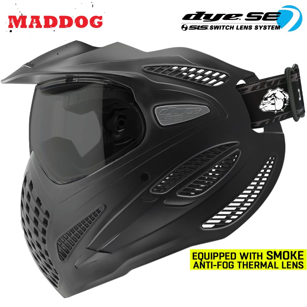 Maddog Dye SE Special Edition Paintball Mask Goggle System | Replaceable SLS Thermal Dual-Pane Anti Fog Lens | Adjustable Full-Face Safety Certified Protection - Black with Smoke Lens