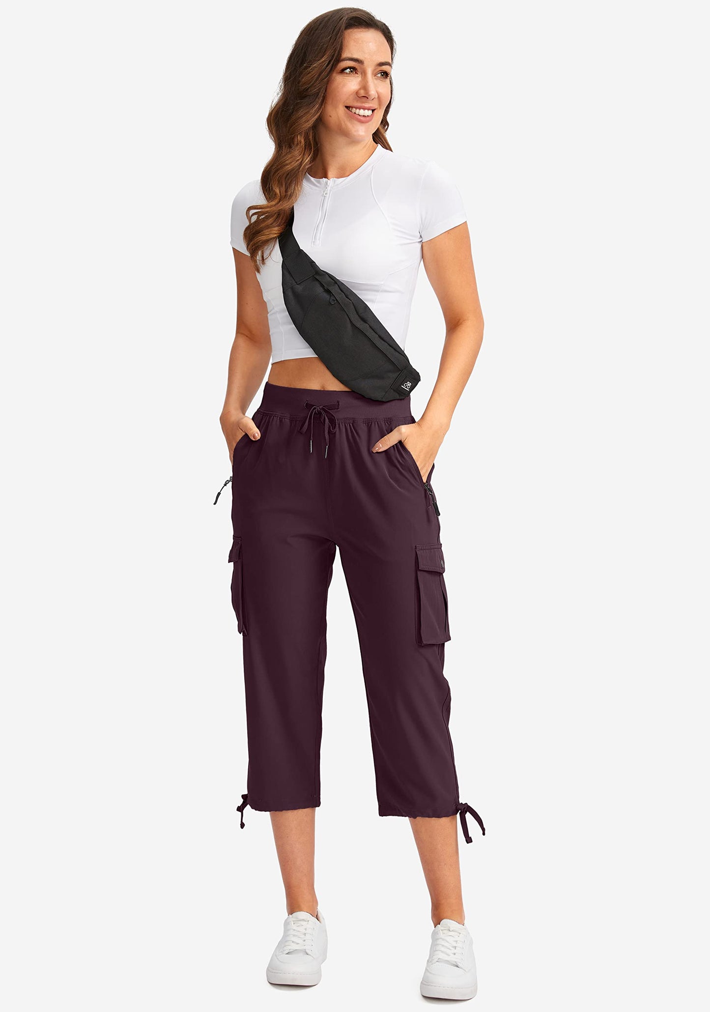 Soothfeel Women's Cargo Capris Pants with 6 Pockets Lightweight Quick Dry Travel Hiking Summer Pants for Women Casual (Wine, XXL)