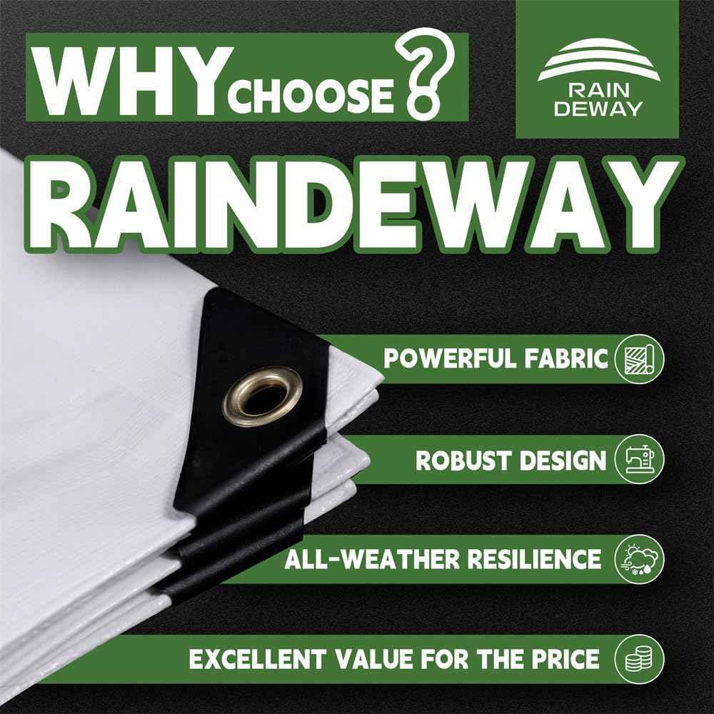 RAINDEWAY 12 Mil Heavy Duty White Tarp 20x20 Feet, UV Resistant, Waterproof, Weatherproof Poly Tarp with Metal Grommets and Reinforced Edges