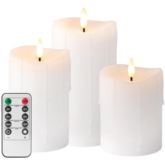 Velsyn White Flameless Candles with Remote and Timer, Real Wax Made Wax Drip LED Pillar Candles Battery Operated with 3D Flickering Flame Melted Top - 3" x 4", 3" x 5", 3" x 6" - Set of 3