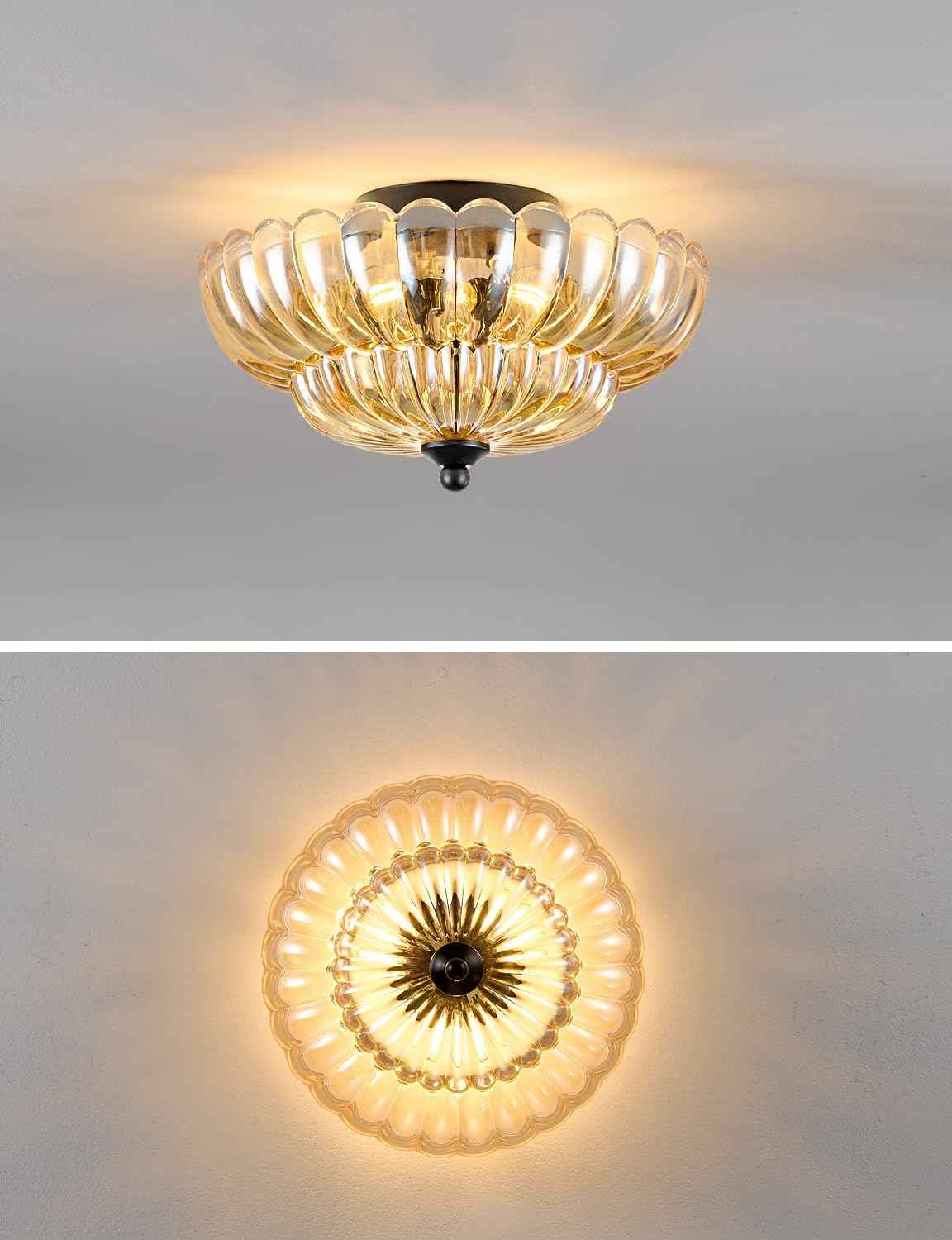 Modern 3-Bulb Semi Flush Mount Ceiling Light Fixture - Vintage Amber Glass for Bedroom, Kitchen, Living Room
