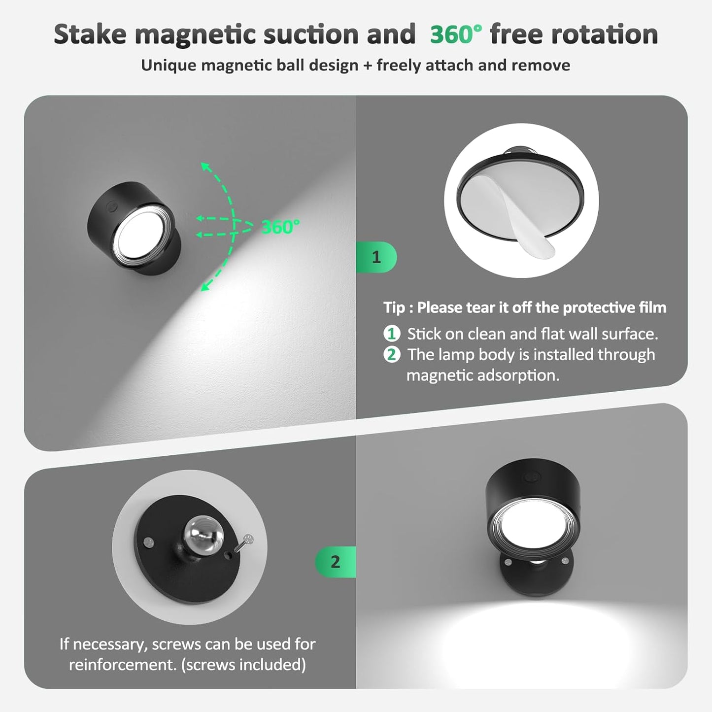 Rechargeable LED Wall Mounted Lights - 3 Pack with Remote, Dimmable & 360° Rotation for Bedroom