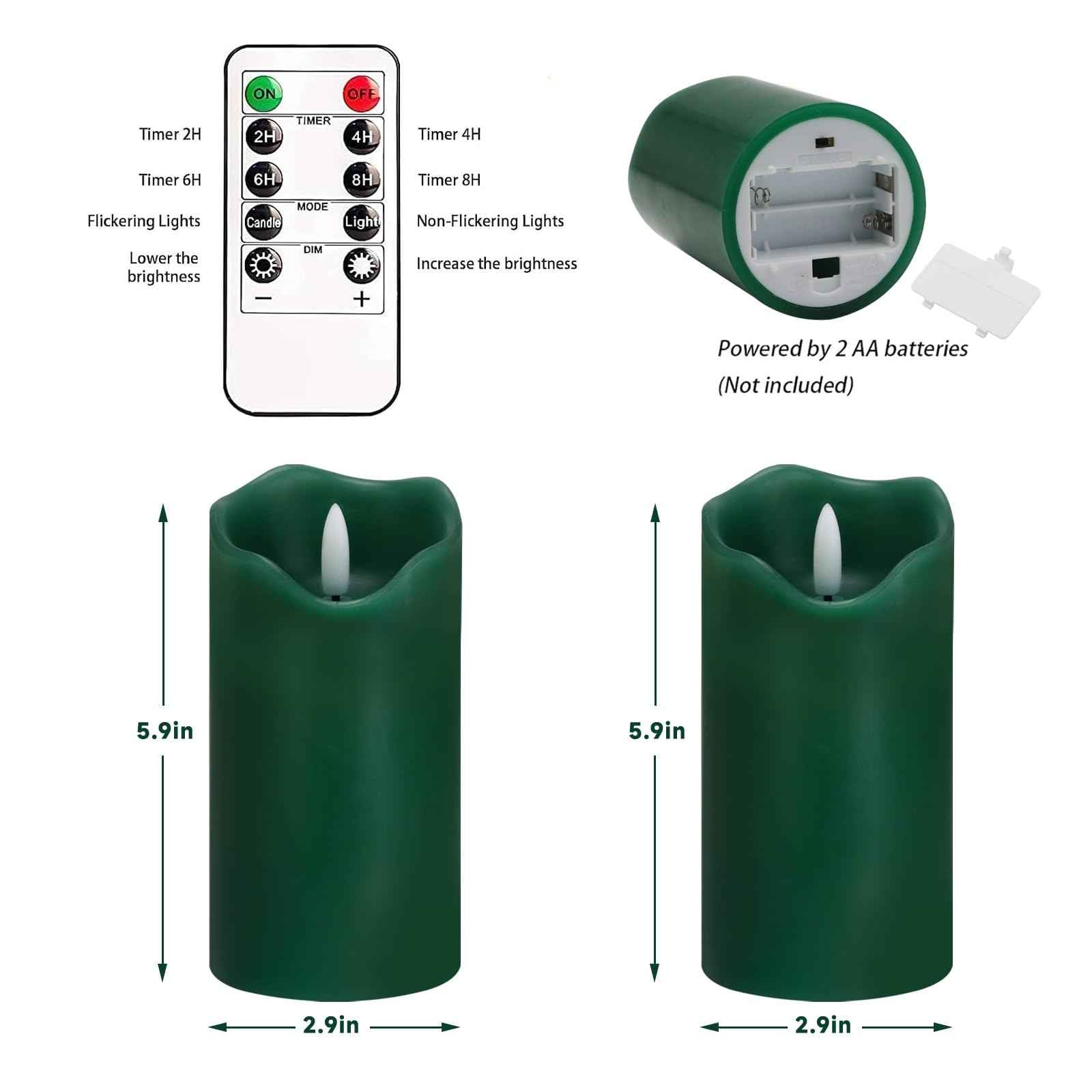 VEEKI Flameless Candles Light, Set of 2 6"x3" Flickering Christmas Flameless Candles with Remote & Timer, Dimmable Real Wax Pillar Candles Battery Operated, Green Candles for Home Xmas Decor (Green)