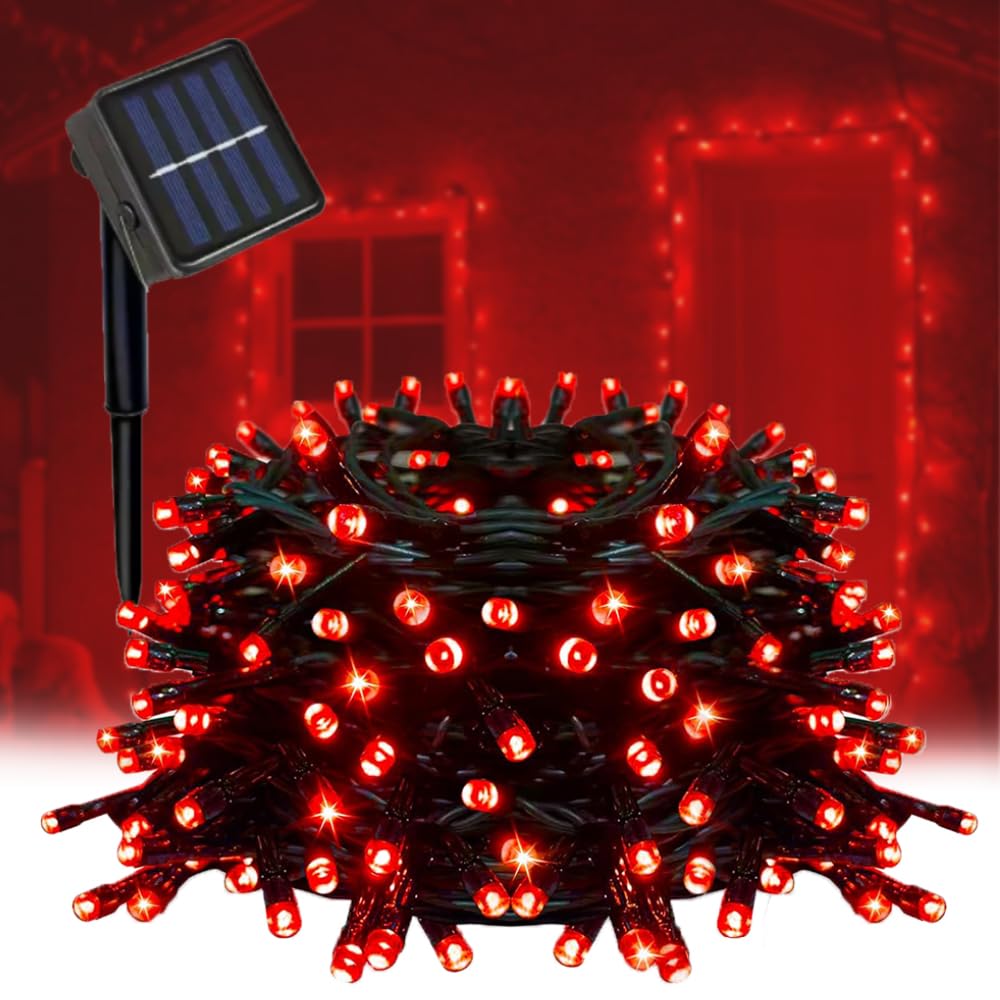 Taoushuleng Solar String Lights Outdoor with Red Light, Blackish Green Wire, 40ft 100 LED with 8 Lighting Modes for Outside,Garden,Courtyards,Trees (Red)