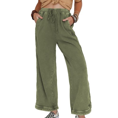 Hixiaohe Women's Casual Wide Leg Sweatpants High Waist Baggy Acid Wash Pants Drawstring Athletic Palazzo Pants with Pockets(Army-Green,M)