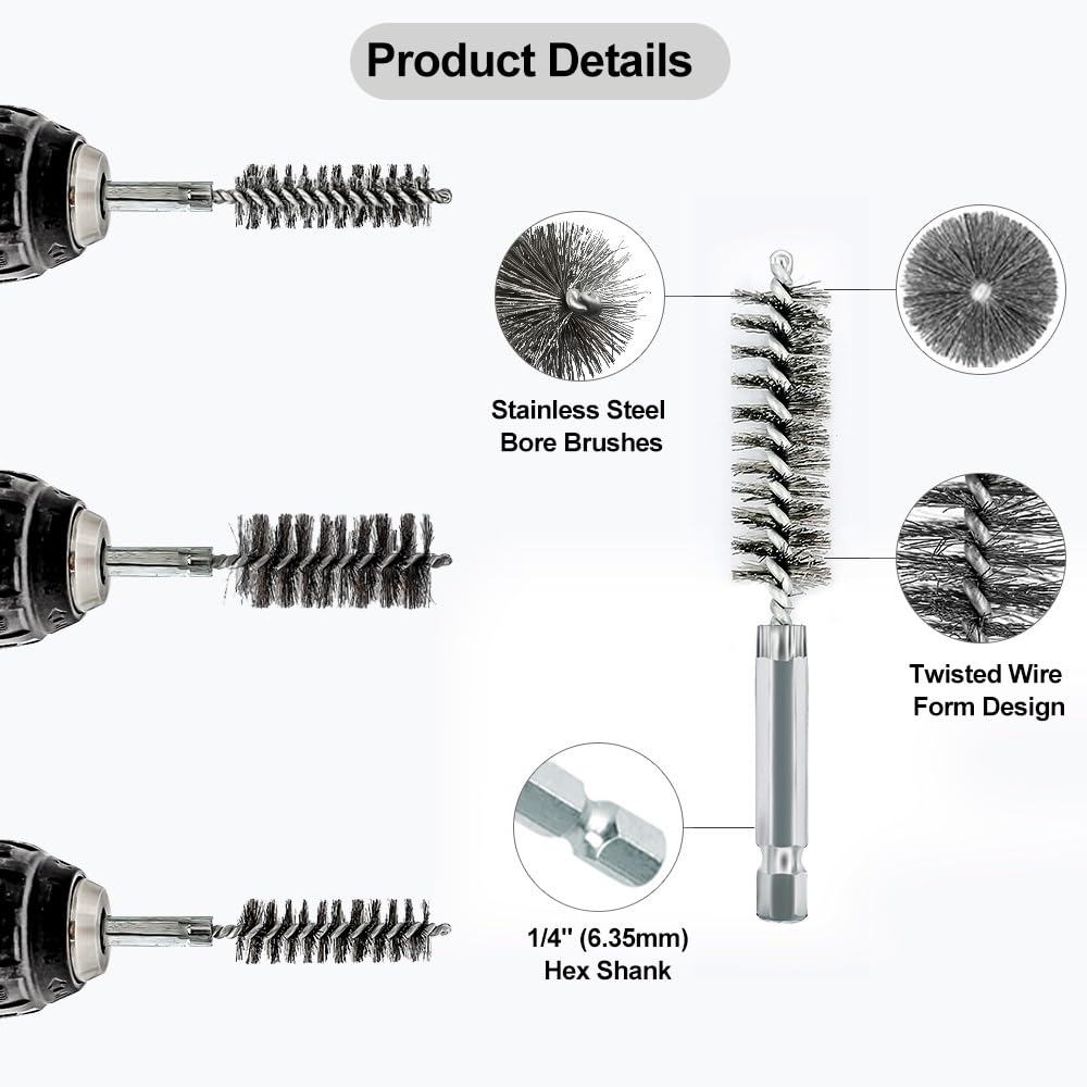 ASNOMY 5Pcs 1" Stainless Steel Bore Brush for Drill,25mm Wire Brush Bore Cleaning Brush Set for Power Drill Cleaning, Abrasive Wire Brush with 1/4" Hex Shank