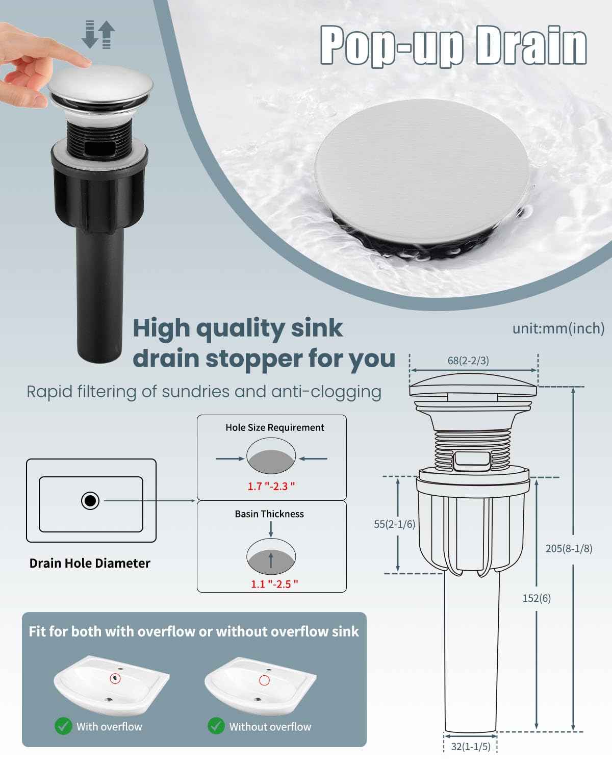 Casavilla Bathroom Faucet(2 Sets), Brushed Bathroom Sink Faucet Set with Pop Up Drain, Single Hole Single Handle High Barrel Sink Vanity, Stainless Steel Lead-Free