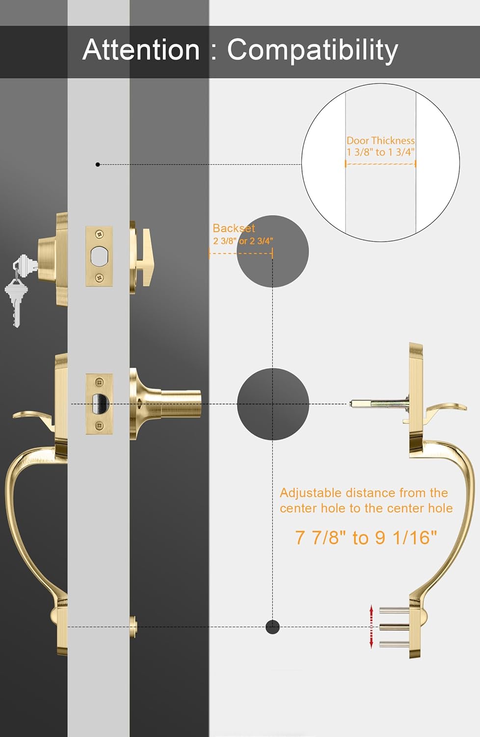 Gold Front Door Handle & Deadbolt Set - Reversible Lever Lock Hardware