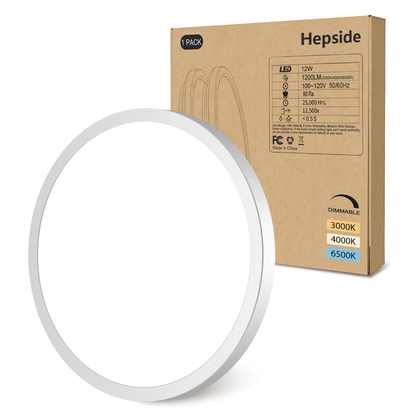 1PACK Flush Mount LED Ceiling Light Fixture - White, 6.5Inch 12Watt, Dimmable & 3000K-4000K-6500K 3 Color Selectable Ceiling Lamp - 1200LM Low Profile Light for Kitchen, Bedroom, Hallway, Porch