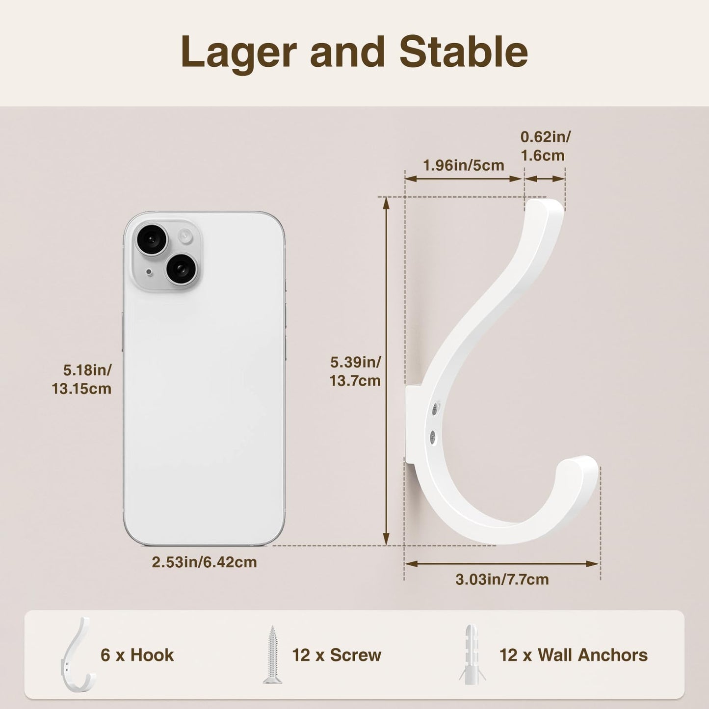 jockcaras Wall Hooks for Hanging Coat/Backpack - 5.4'' Large 40LBS Heavy Duty Hanger Wall Mount Screw in, for Towel, Closet, Robe, Bag, Outdoor, White 6 Pack