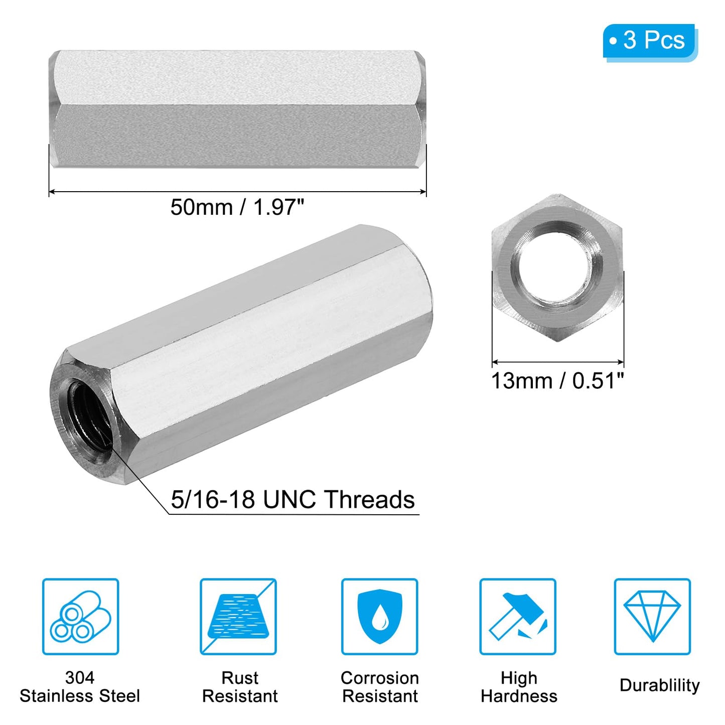 PATIKIL 5/16"-18 UNC 304 Stainless Steel Hex Coupling Nuts, 3Pcs 2" Length Fully Threaded Rod Coarse Coupling Nut Studding Connector Fasteners, Silver Tone
