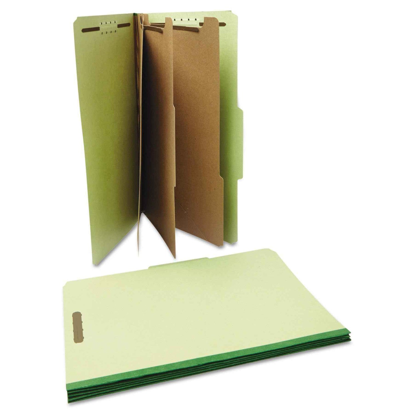 Universal Eight-Section Pressboard Classification Folders, 3" Expansion, 3 Dividers, 8 Fasteners, Legal Size, Green Exterior, 10/Box