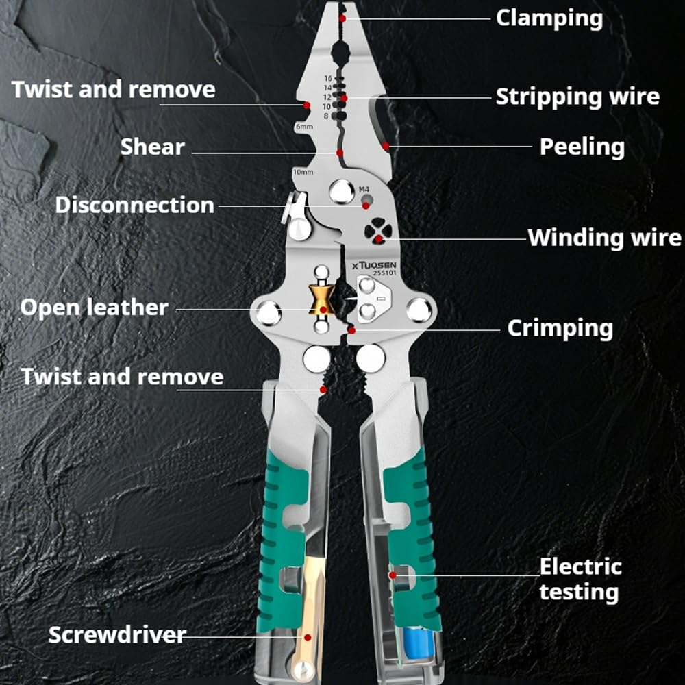 Tuvilo Electrical Pliers, 2026 New 18 In 1 Foldable Wire Stripper, Foldable Alloy Steel Multitool with Insulated-Grip Handles Wire Stripper Cutter Built-In Voltage Tester Screwdriver (Pointed Nose-a)