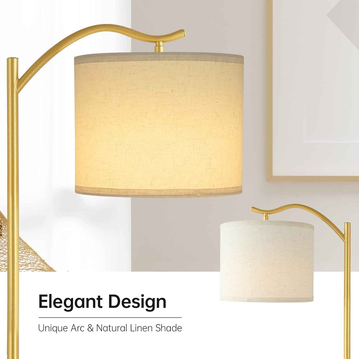 Modern LED Floor Lamp with Bohemian Linen Shade – Arched Tall Standing Light for Living Room & Bedroom