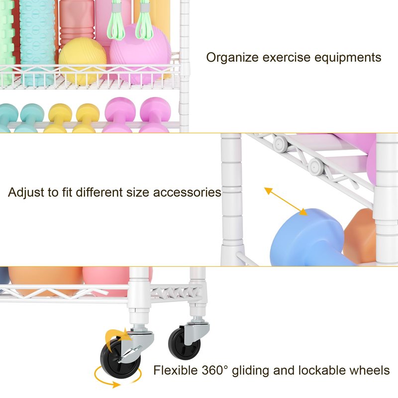 FUTASSI S3 Dumbbells Rack Storage Rack, Rolling Home Gym Weight Organizer Rack, Yoga Mat Storage and Workout Equipment Organizers for Gym Studio, Max Load 500 LBS, 34.6"W x 11.8"D x 48.6"H, White