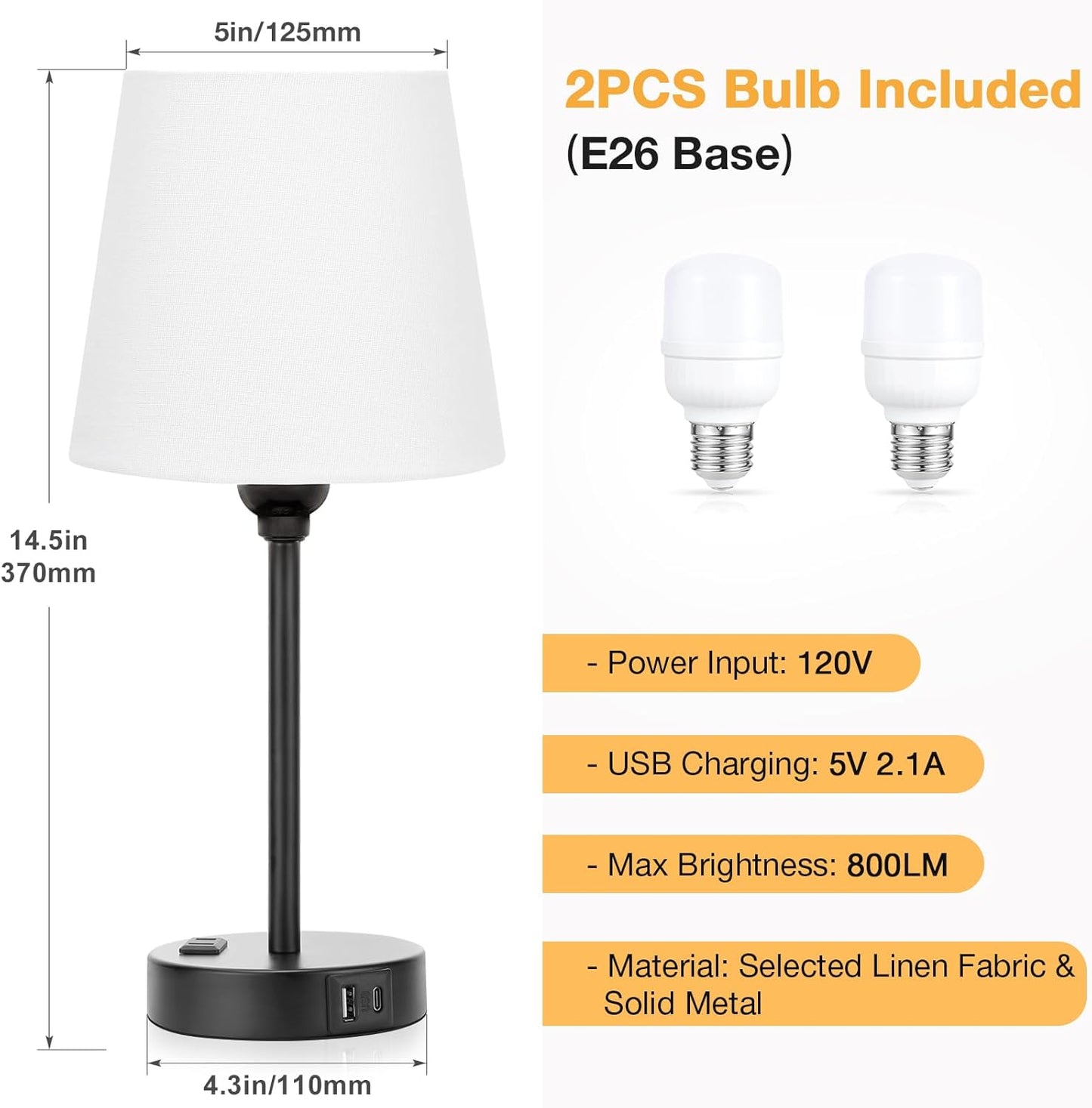 Set of 2 Mini Bedside Lamps with USB-C & AC Outlet - Dimmable Touch Nightstand Lights for Bedrooms