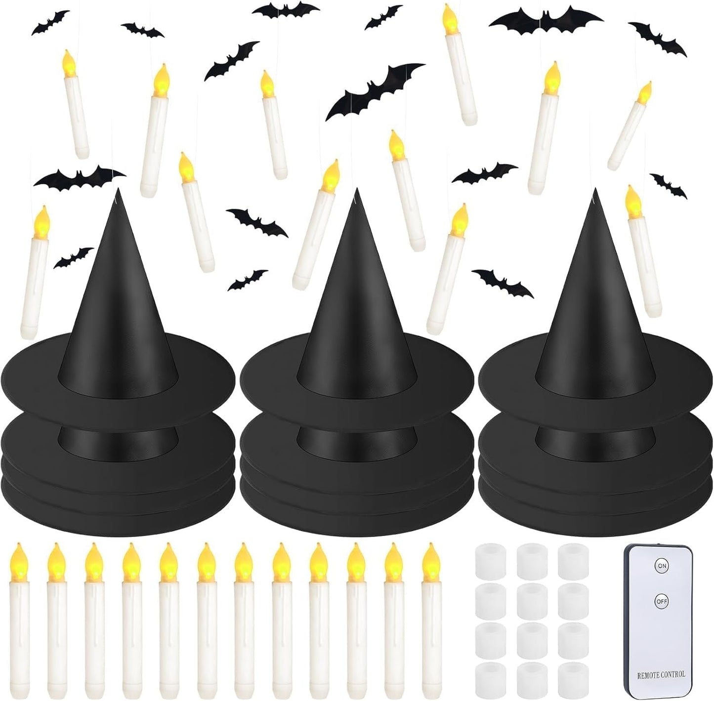 Halloween Witch Hat & LED Floating Candle Set - 80 Pcs with 3D Bat Wall Stickers for Spooky Decor