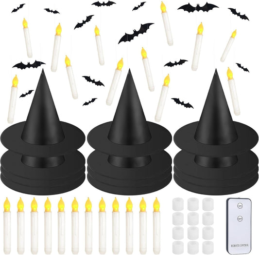 Halloween Witch Hat & LED Floating Candle Set - 80 Pcs with 3D Bat Wall Stickers for Spooky Decor