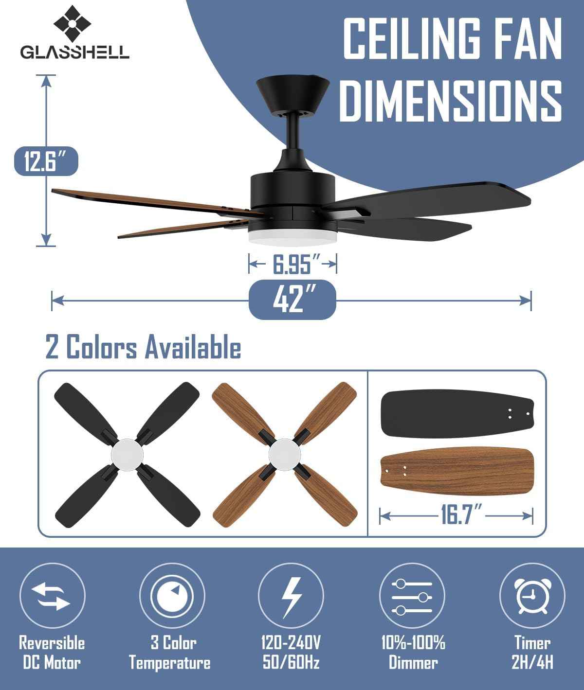 52-Inch Ceiling Fan with Remote Control & Dimmable Light - Noiseless DC Motor for Indoor/Outdoor Use