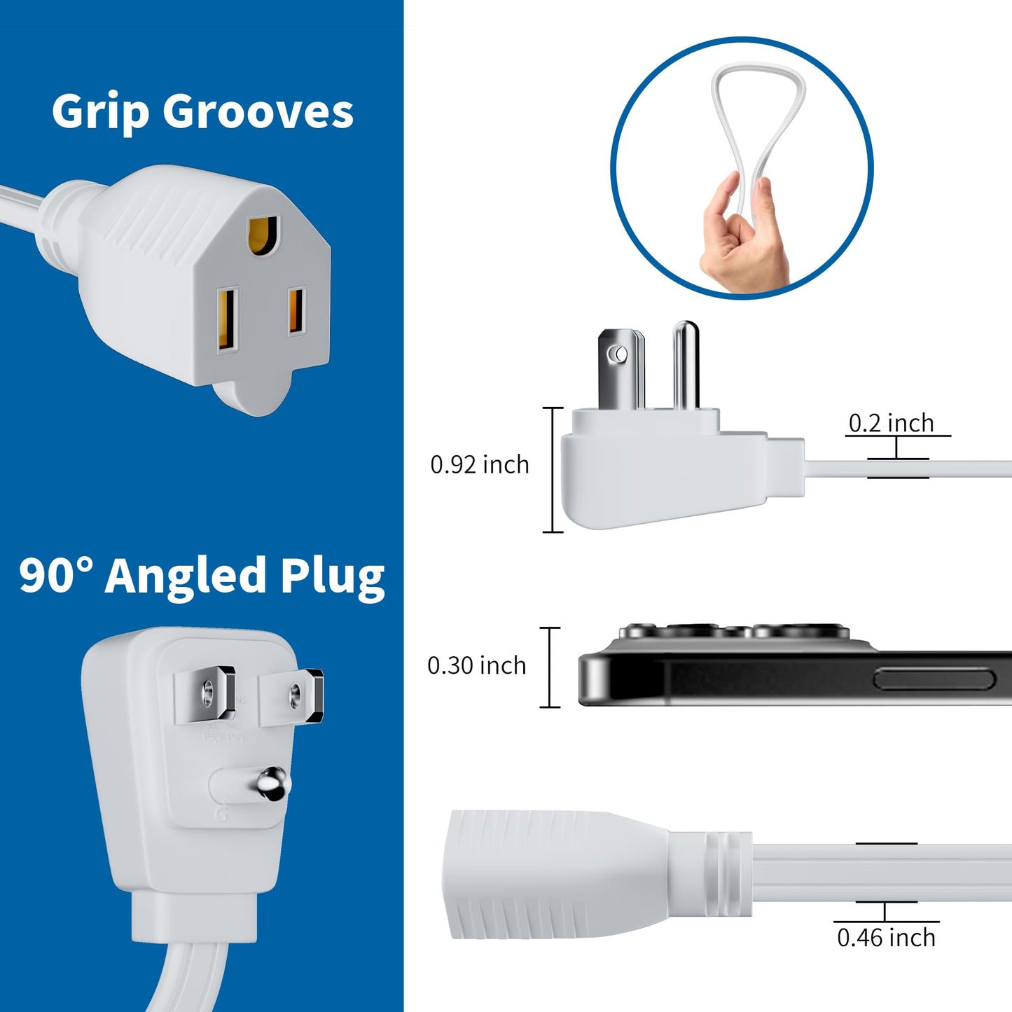Adoreen 14/3 Gauge Flat Appliance Power Extension Cord 7 Ft White, 3 Prong Flat Plug Low Profile Grounded Wire Cable, SPT-3, 15A 125V for Air Conditioner, Refrigerator &All Major AC Units-ETL