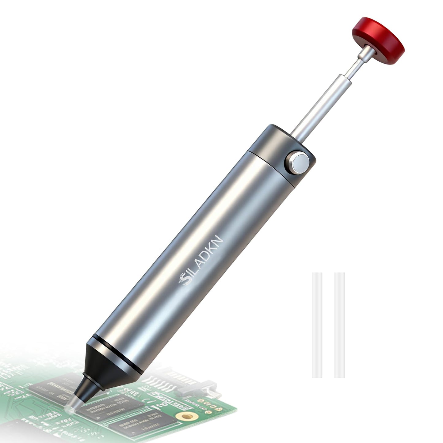 SILADKN Desoldering Tool for Engineer, 30hg-cm Strong Suction Metal Soldering Iron Solder Sucker, Manual Vacuum Suction Soldering with 50mm Silicone Nozzle for Integrated Circuit Board Repair 1PCS