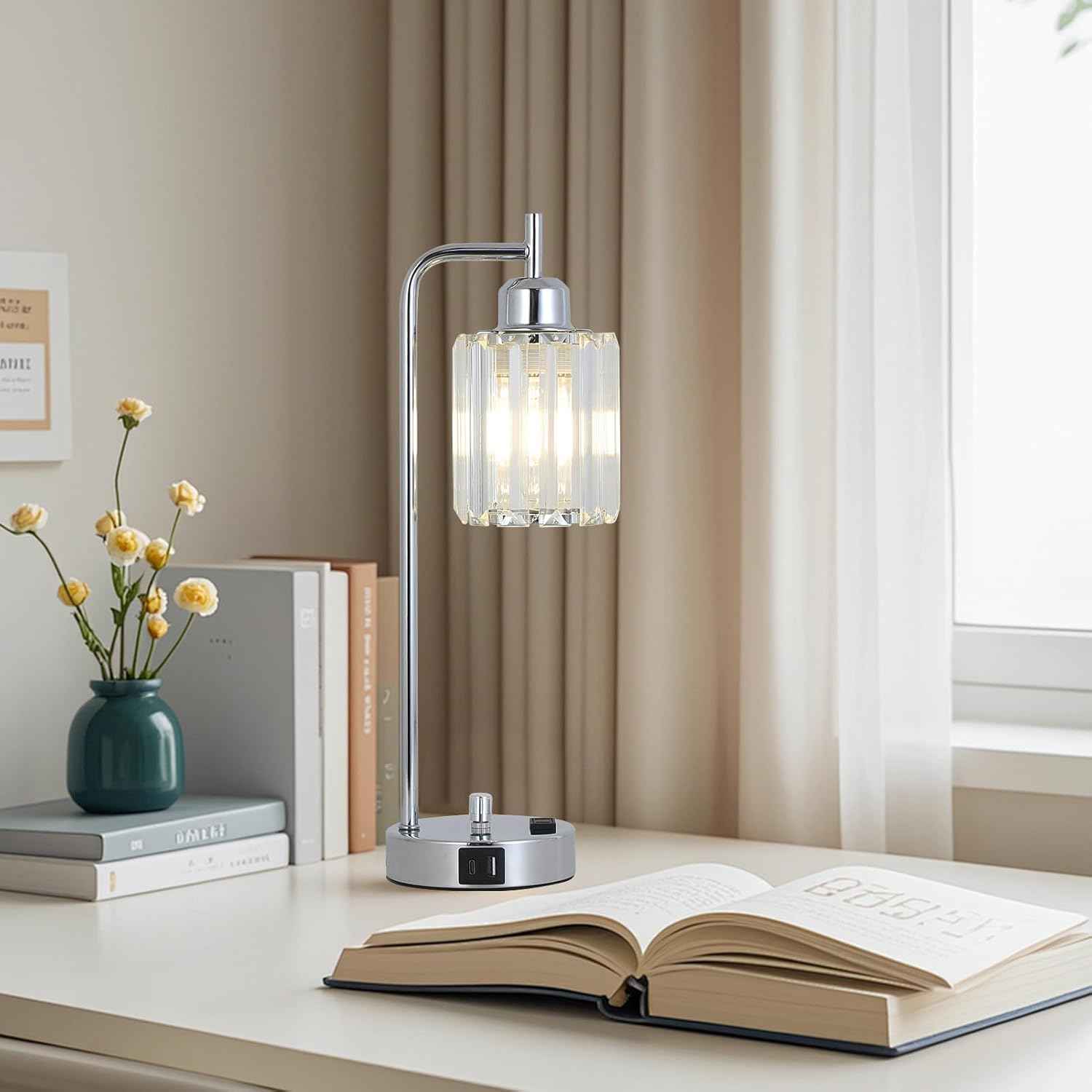 Modern Gold Crystal Table Lamps Set of 2 with LED Bulbs & USB Port - Elegant Bedside Lighting