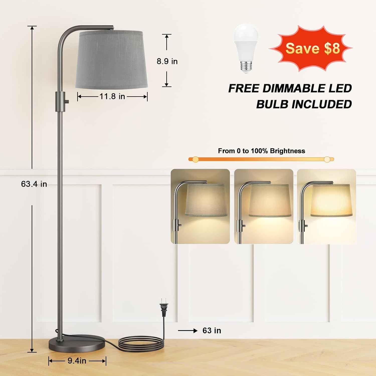 Modern Dimmable Floor Lamp with 9W LED Bulbs - Stylish Standing Light for Living Room & Bedroom (Gold & White)