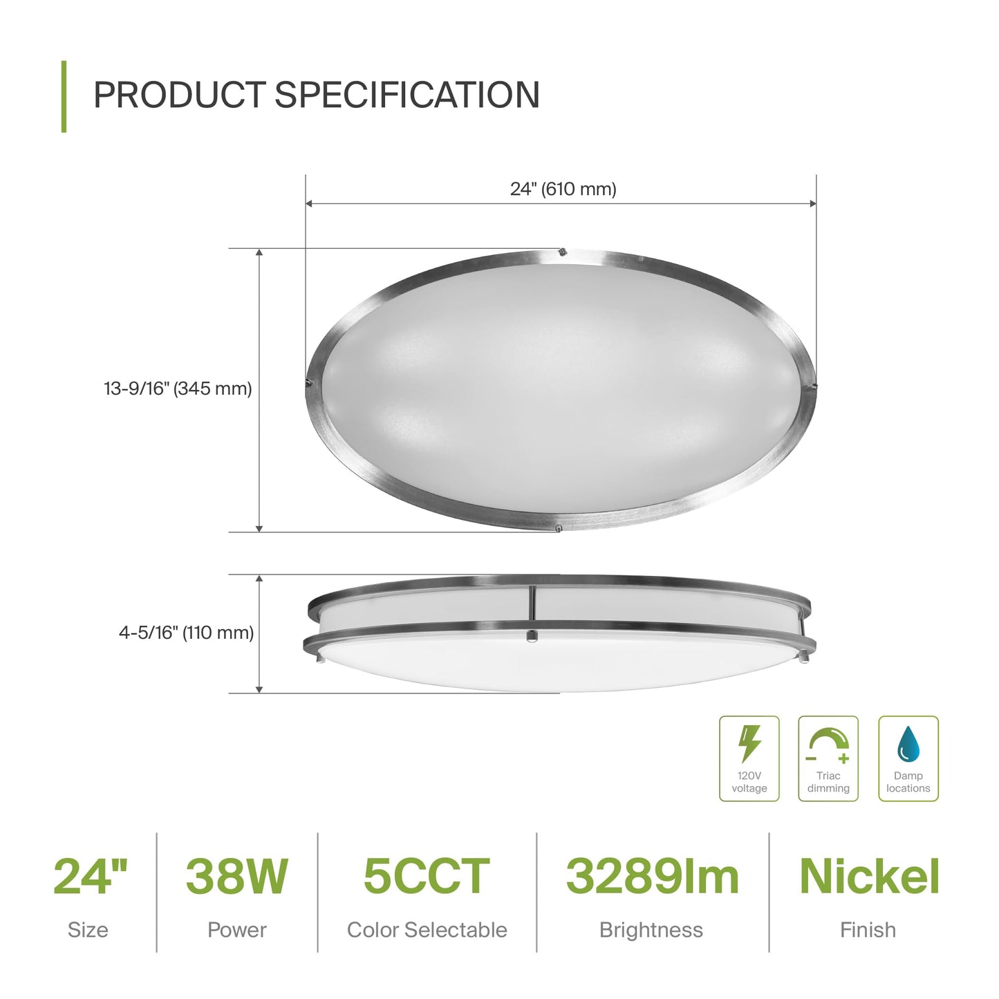 ASD LED 24 Inch Oval Flush Mount Light Fixture | 38W 3280LM 2700K-5000K 120V | 5CCT, Dimmable, ETL Listed | Close to Ceiling Double Ring Lamp, Low Profile Lighting | Nickel