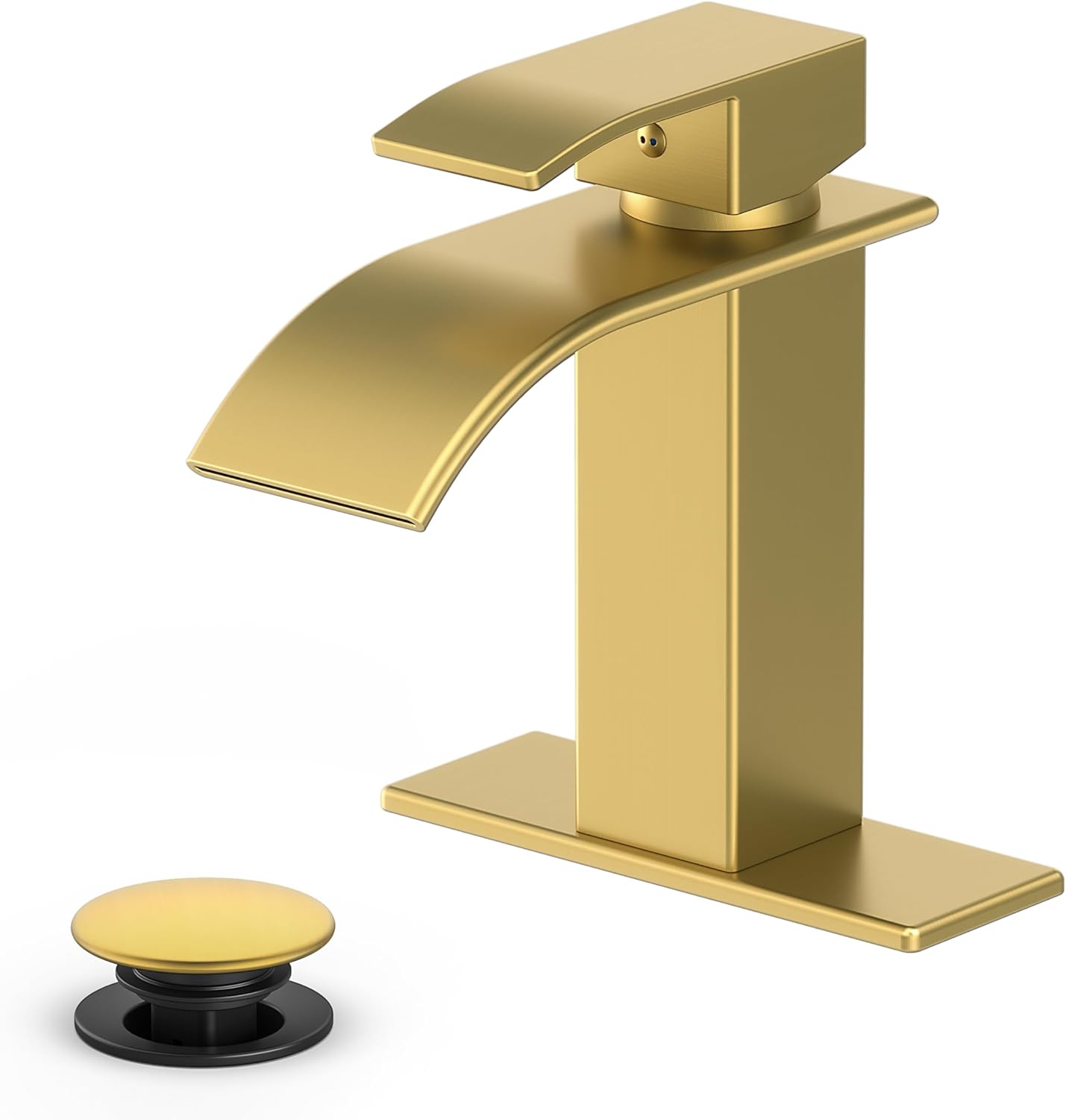 Modern Brushed Gold Bathroom Faucet with Waterfall Spout & Pop-Up Drain - Single Handle Vanity Sink Faucet